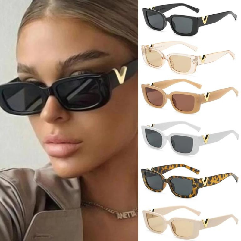 A woman wearing black rectangular designer sunglasses with gold V-shaped accents. Next to her, five pairs of geometric frames are displayed in black, beige, brown, white, tortoiseshell, and cream—each offering UV400 protection.