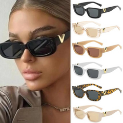 A woman wearing black rectangular designer sunglasses with gold V-shaped accents. Next to her, five pairs of geometric frames are displayed in black, beige, brown, white, tortoiseshell, and cream—each offering UV400 protection.