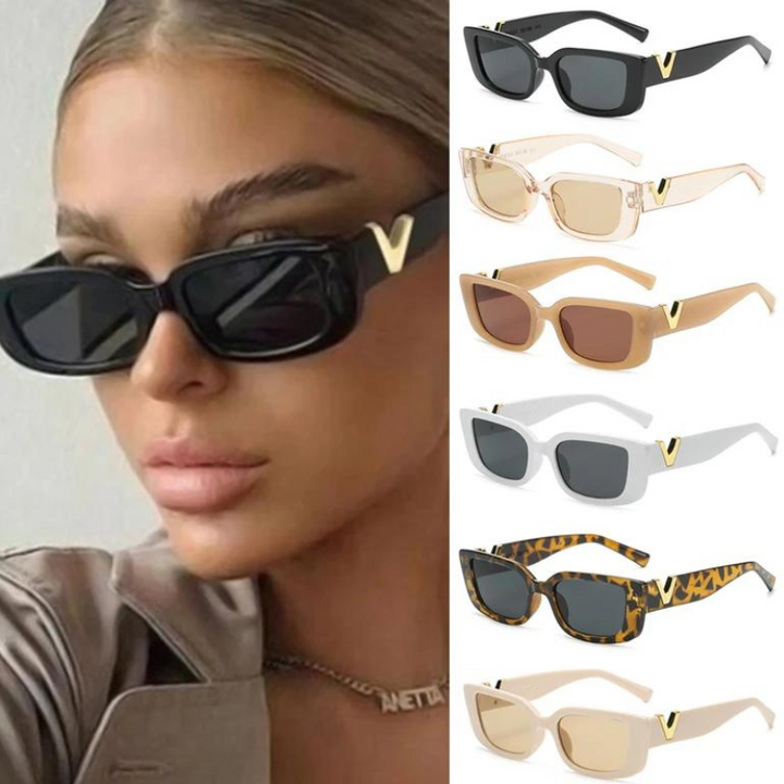 A woman wearing black rectangular designer sunglasses with gold V-shaped accents. Next to her, five pairs of geometric frames are displayed in black, beige, brown, white, tortoiseshell, and cream—each offering UV400 protection.