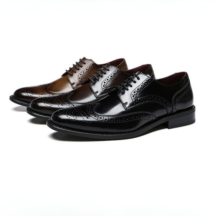 Three pairs of polished premium leather brogue dress shoes in brown, dark brown, and black, each featuring a cushioned insole and slip-resistant rubber sole, displayed in a row on a white background.