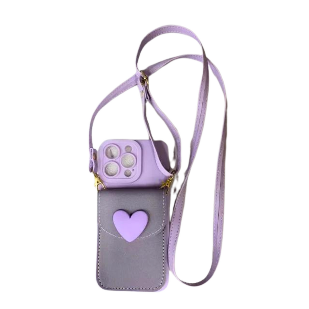 A chic phone case in lavender with a crossbody strap and a front heart-shaped pocket, featuring a purple heart design, shown against a white background.