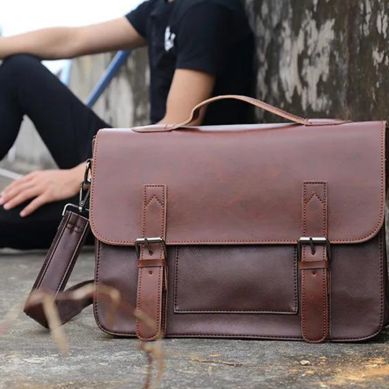 A brown premium leather satchel with buckle straps sits on the ground in focus, while a person in black clothing sits blurred in the background against a weathered wall.