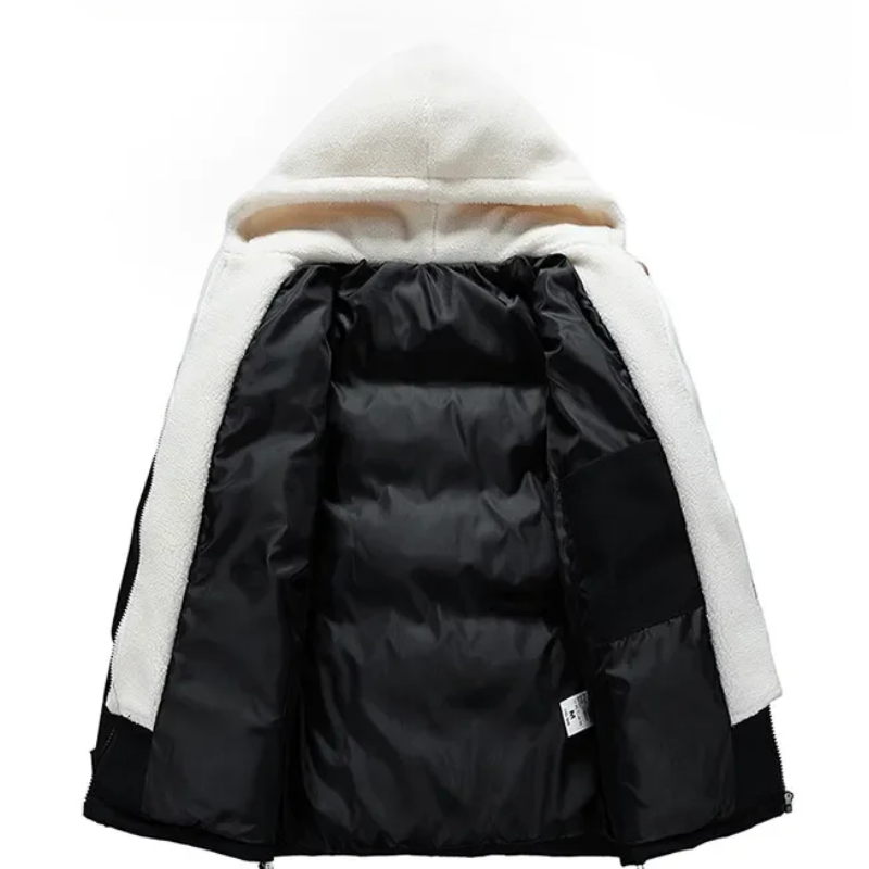 A hooded winter jacket with a white, fuzzy exterior and shiny, black padded interior featuring premium insulation, shown open to display the lining and inner pockets.