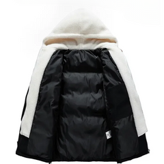 A hooded winter jacket with a white, fuzzy exterior and shiny, black padded interior featuring premium insulation, shown open to display the lining and inner pockets.