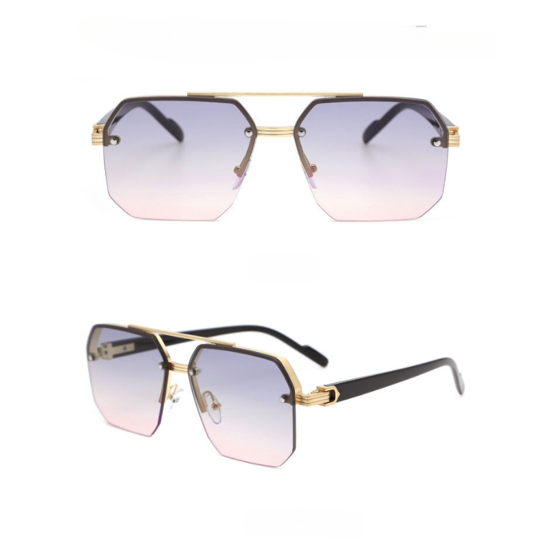 Gold-rimmed geometric metal frame sunglasses with gradient lenses transitioning from purple to pink, featuring UV400 protective lenses. Shown from the front and side on a white background.