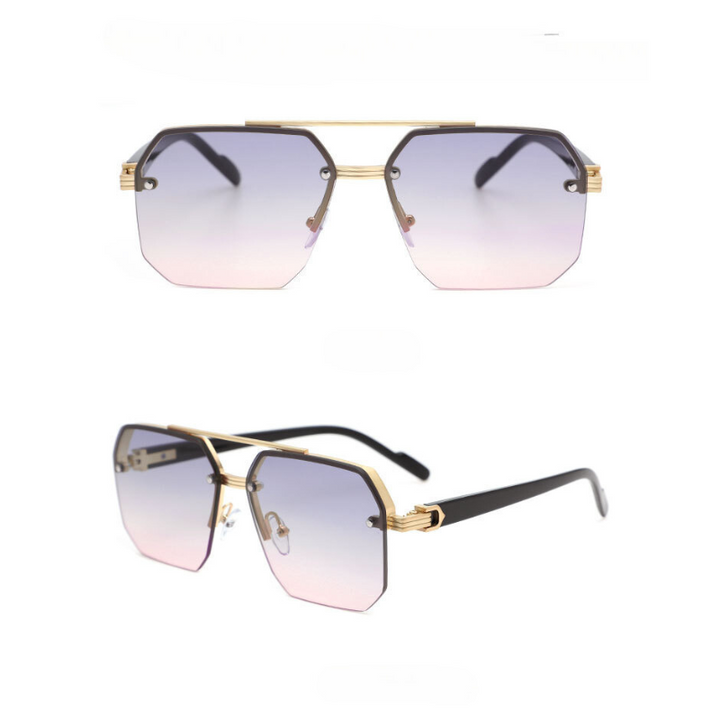Gold-rimmed geometric metal frame sunglasses with gradient lenses transitioning from purple to pink, featuring UV400 protective lenses. Shown from the front and side on a white background.