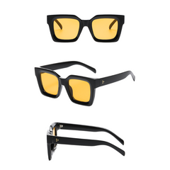 Three views of black square-framed sunglasses with thick acetate frames and yellow-tinted lenses featuring UV protection: front view at the top, three-quarter angle in the middle, and side view at the bottom.