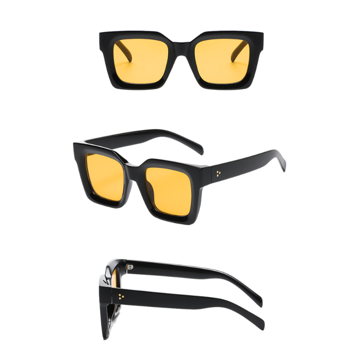 Three views of black square-framed sunglasses with thick acetate frames and yellow-tinted lenses featuring UV protection: front view at the top, three-quarter angle in the middle, and side view at the bottom.