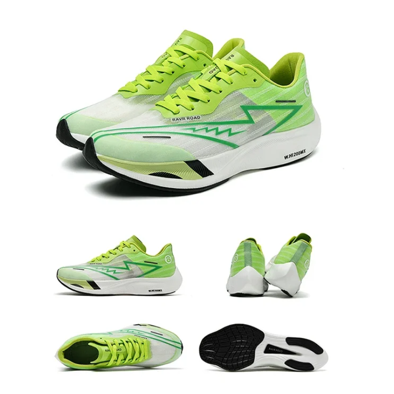 Five views of lime green and white athletic running shoes with black soles, neon green laces, a silver zigzag design, and a shock-absorbing sole for comfort. The shoes are displayed from various angles on a white background.