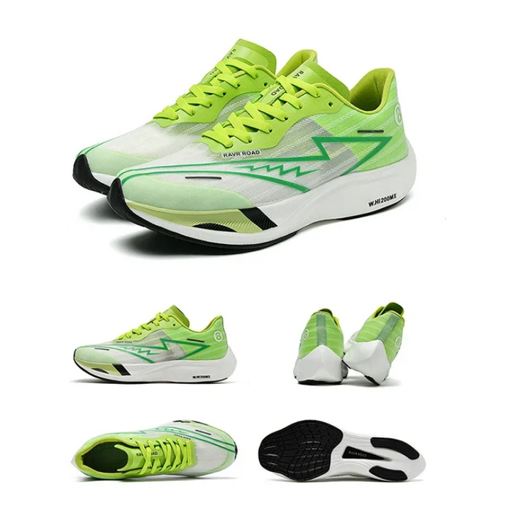 Five views of lime green and white athletic running shoes with black soles, neon green laces, a silver zigzag design, and a shock-absorbing sole for comfort. The shoes are displayed from various angles on a white background.