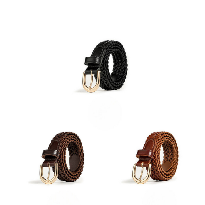 Three braided Italian leather belts are displayed against a white background. One belt is black, one is dark brown, and one is light brown. Each woven belt features a gold buckle and highlights artisanal craftsmanship in its neat design.
