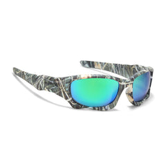 A pair of sports sunglasses with a camouflage-patterned frame and mirrored green-blue lenses, displayed on a white background.