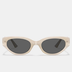 A pair of sunglasses with thick, cream-colored oval frames crafted from translucent acetate and dark UV400 protection lenses, displayed against a plain light background.