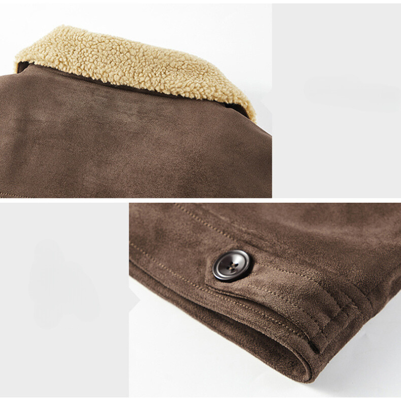 Close-up of a brown suede jacket with a beige shearling collar and a sleeve with a black button, highlighting the texture, stitching details, and structured fit.
