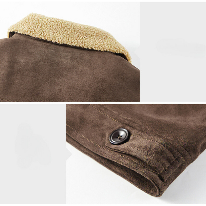 Close-up of a brown suede jacket with a beige shearling collar and a sleeve with a black button, highlighting the texture, stitching details, and structured fit.