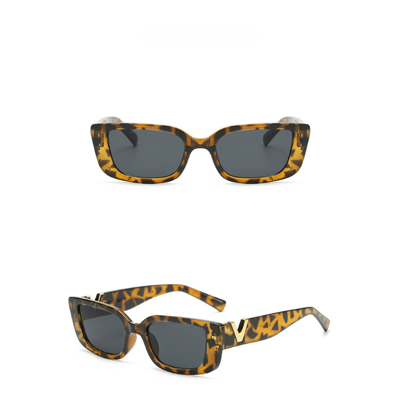 Rectangular designer sunglasses with dark UV400 protection lenses and a brown tortoiseshell geometric frame shown from the front view (top) and a three-quarter side view (bottom) against a white background.