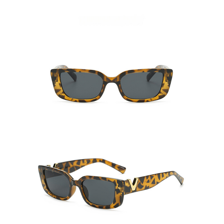 Rectangular designer sunglasses with dark UV400 protection lenses and a brown tortoiseshell geometric frame shown from the front view (top) and a three-quarter side view (bottom) against a white background.