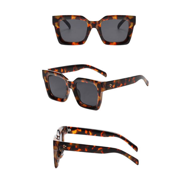 Three views of square-framed sunglasses with dark lenses and a brown tortoiseshell acetate frame: front view, angled side view, and side view showing the frame and temples. Designed for style and optimal UV protection.
