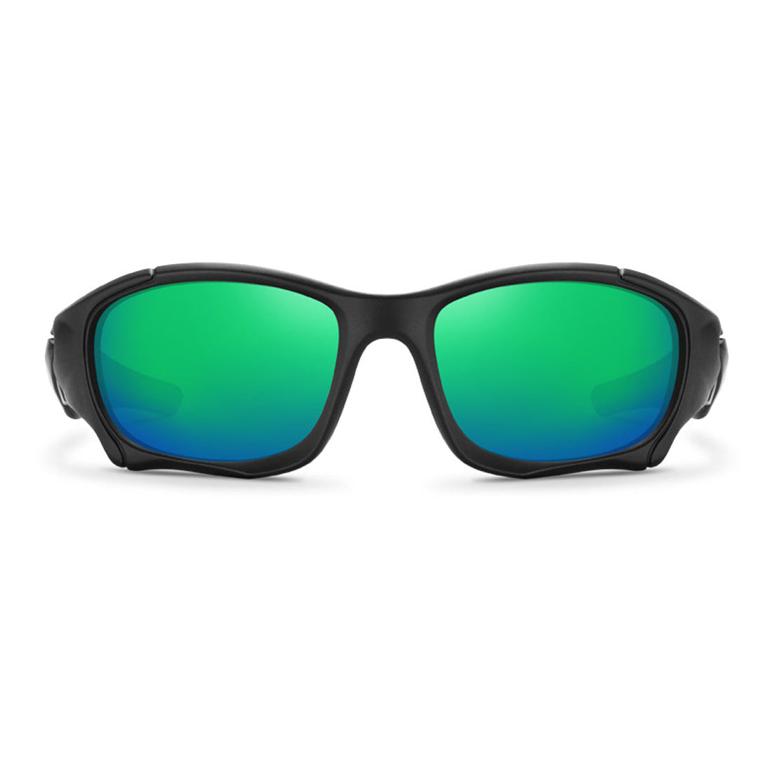 A pair of black-framed sports sunglasses with large, green mirrored lenses, shown from the front on a white background. These polarized cycling glasses offer style and clarity for active lifestyles.