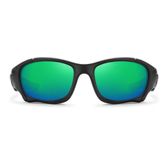 A pair of black-framed sports sunglasses with large, green mirrored lenses, shown from the front on a white background. These polarized cycling glasses offer style and clarity for active lifestyles.