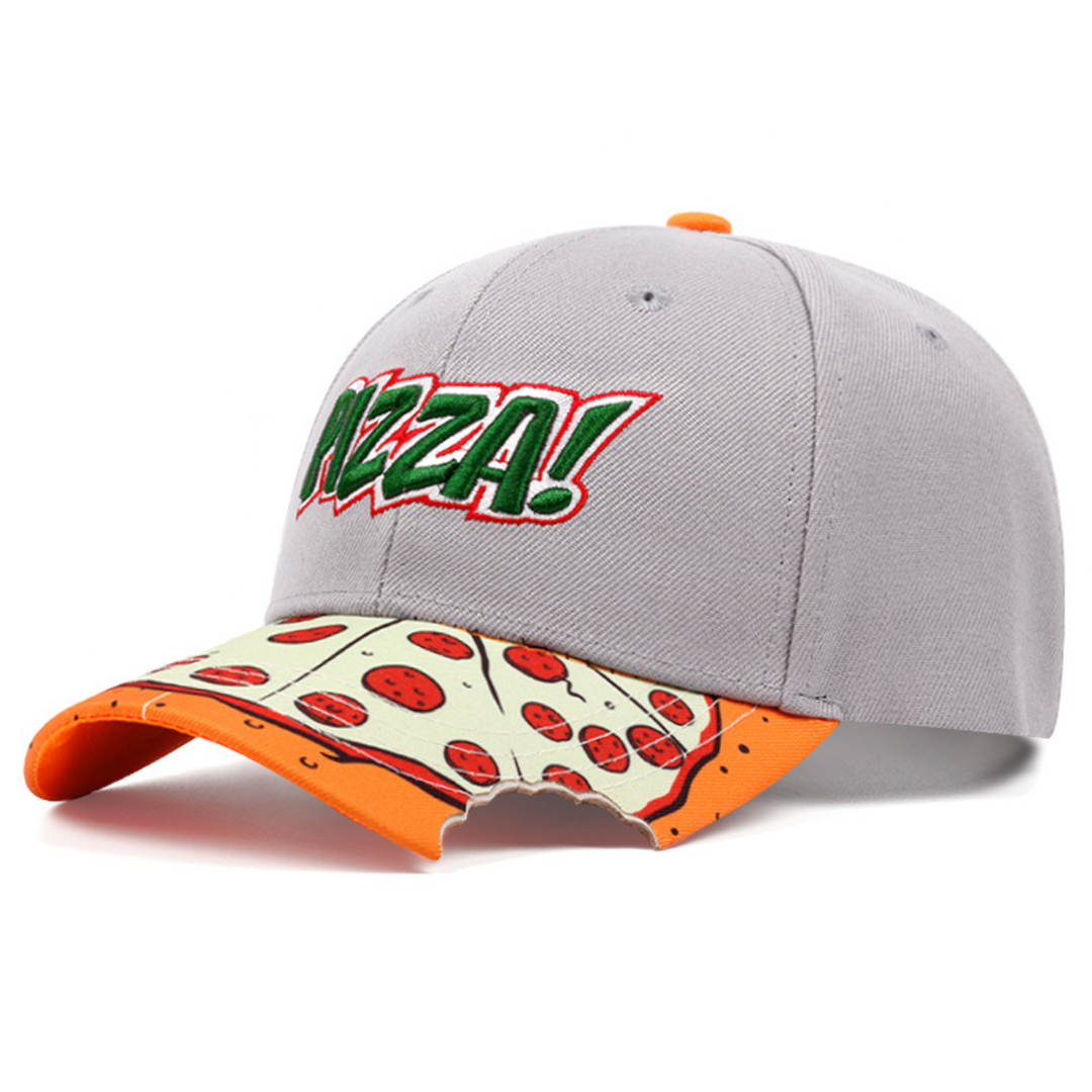 A gray baseball cap with PIZZA! embroidered in green and red, this statement piece features a unique brim hat design that looks like a pepperoni pizza slice with a bite taken out of the edge.