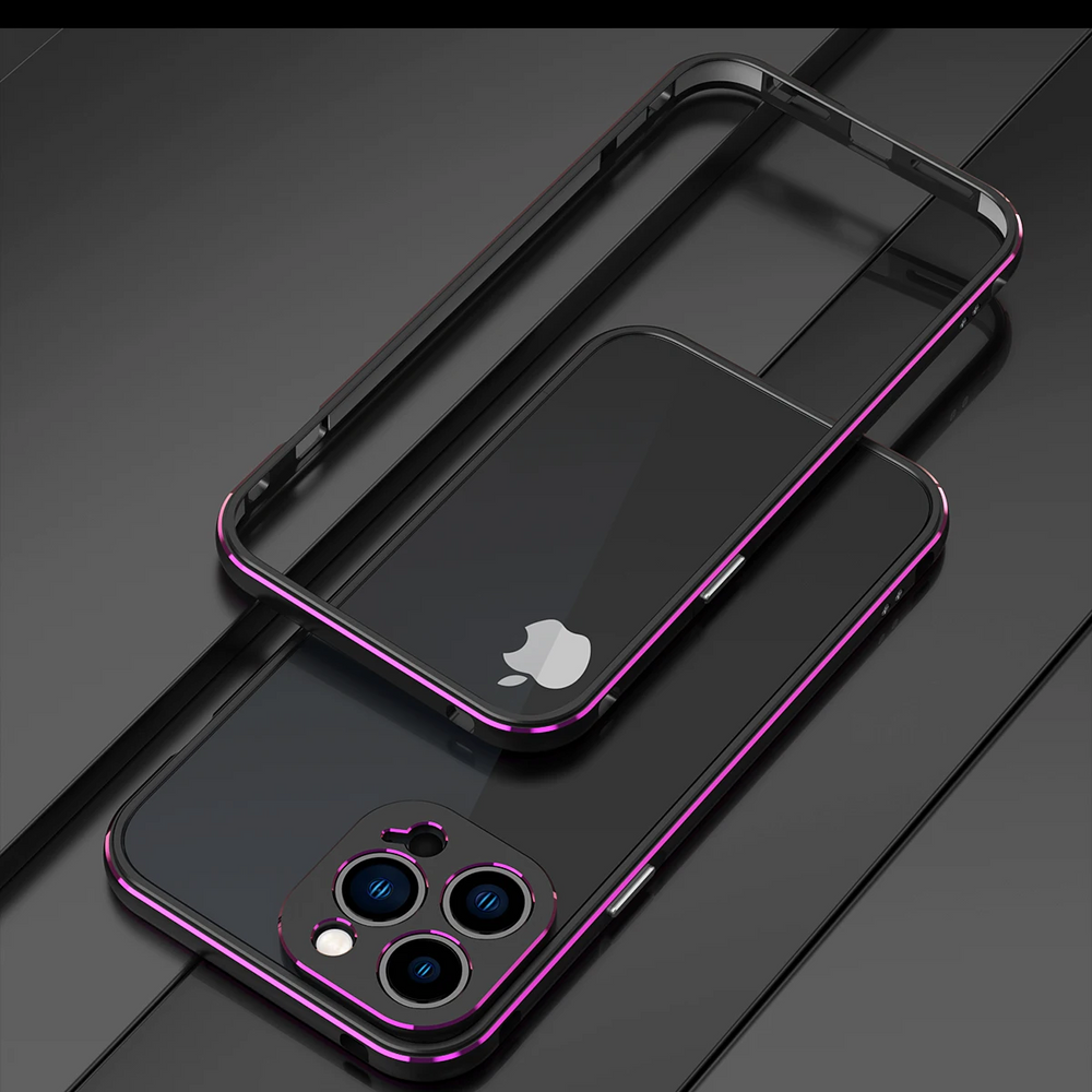 A black smartphone with a triple camera and a metallic pink-edged aluminum case featuring drop protection is shown lying on a glossy black surface. The durable phone case is separated above the phone, revealing the Apple logo.