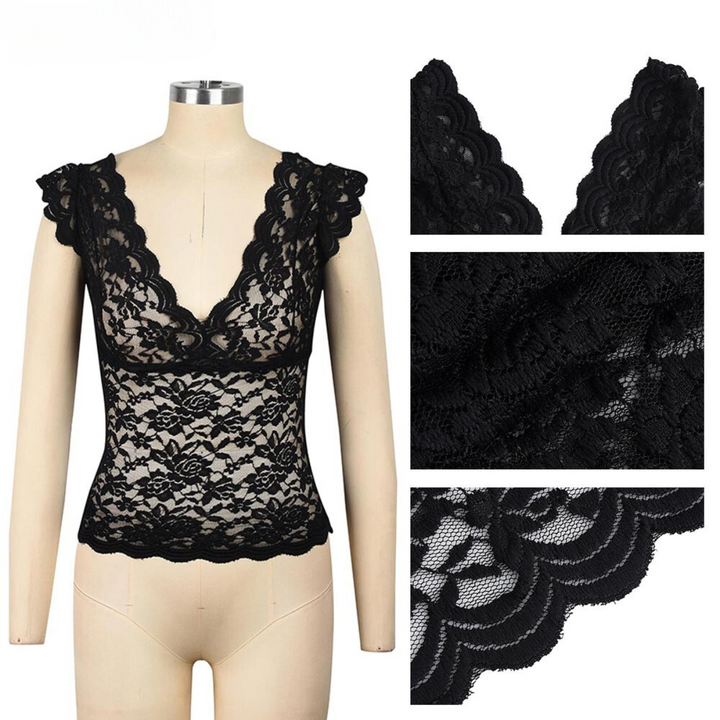 A mannequin wearing a sleeveless black lace top, perfect for summer fashion. Three close-up images highlight the intricate lace pattern and scalloped edges on the neckline and hem.