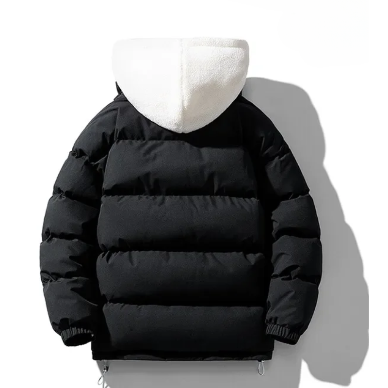 A black puffer jacket with a contrasting white, adjustable drawstring hood, shown from the back against a white background. The jacket features horizontal quilting, elastic cuffs, and premium insulation for added warmth.