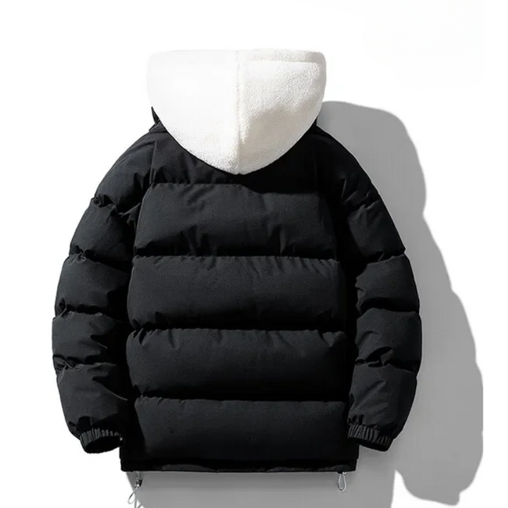 A black puffer jacket with a contrasting white, adjustable drawstring hood, shown from the back against a white background. The jacket features horizontal quilting, elastic cuffs, and premium insulation for added warmth.