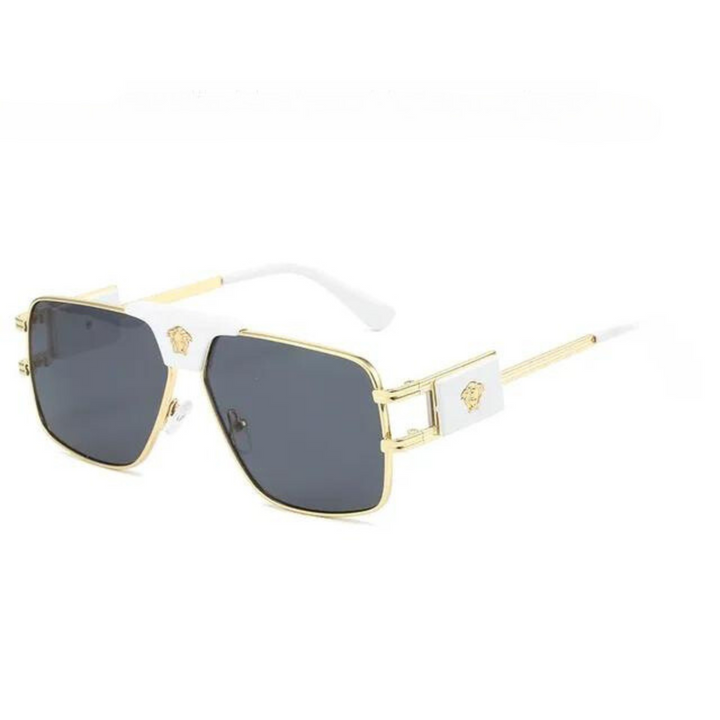 A pair of bold sunglasses with dark rectangular lenses, premium metal gold rims, and white arms. The temples feature gold Medusa head emblems, decorative gold detailing, and provide UV400 protection for your eyes.