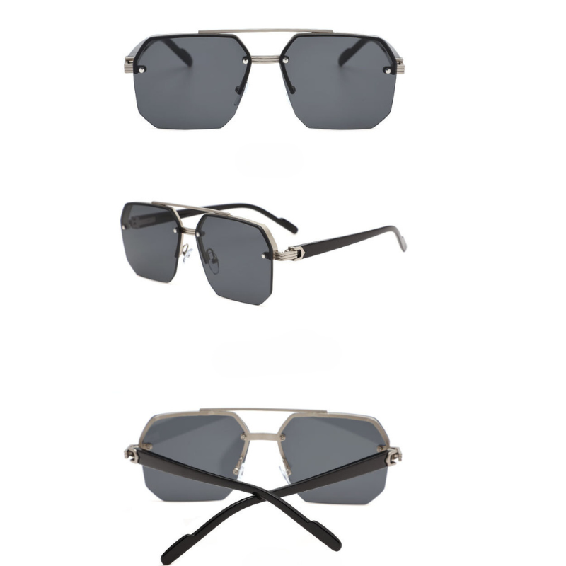 Three views of geometric sunglasses with a sleek geometric metal frame and dark UV400 protective lenses: front view at top, angled side view in the middle, and rear view at bottom showing black arms crossed.