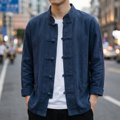 Breeze Cotton-Linen Mandarin Collar Shirt