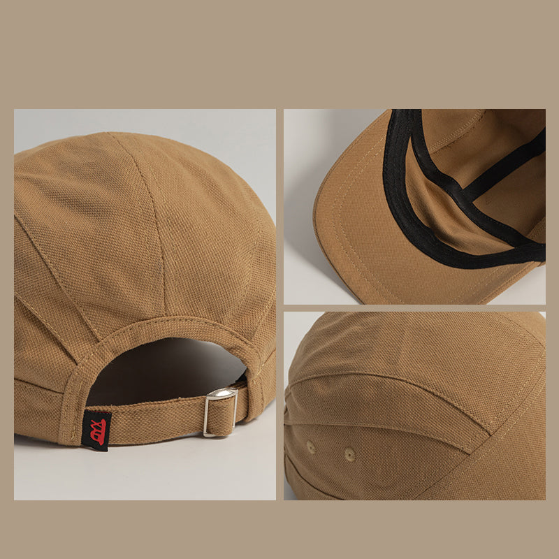 A collage features a Japanese-style peaked cap: back view highlighting the adjustable strap, close-up of the black-lined underside, and side detail with ventilation eyelets and stitching on this classic unisex cap.