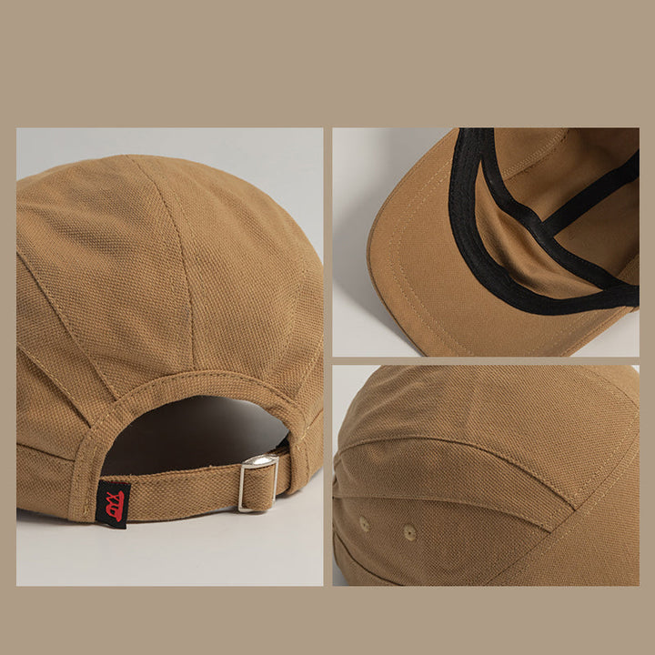 A collage features a Japanese-style peaked cap: back view highlighting the adjustable strap, close-up of the black-lined underside, and side detail with ventilation eyelets and stitching on this classic unisex cap.