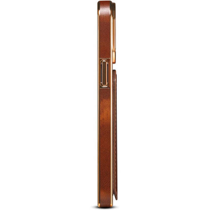 Side view of a smartphone in a brown leather iPhone case, highlighting the metallic edge, side button, and elegant cowhide texture.