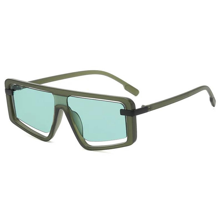 Rectangular sunglasses with a bold, angular design, featuring thick, translucent green polycarbonate frames and matching UV400 lenses for sun protection. The temples are thin and curved for a comfortable fit.