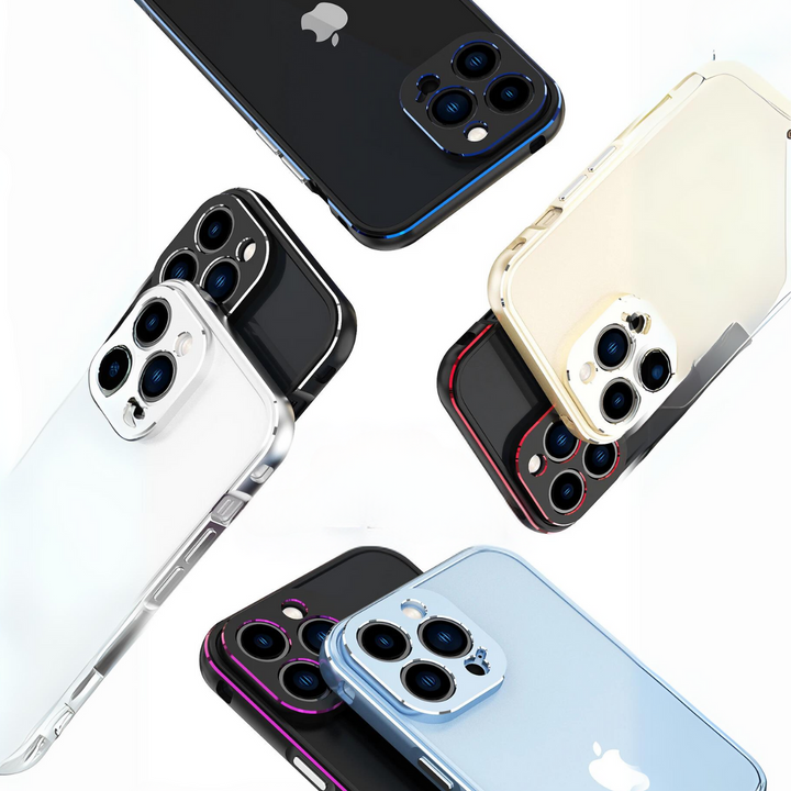 Five smartphones with different colored durable phone cases—black, gold, silver, white, and blue—are arranged in a scattered pattern, all showing the back camera modules with three lenses and Apple logos.