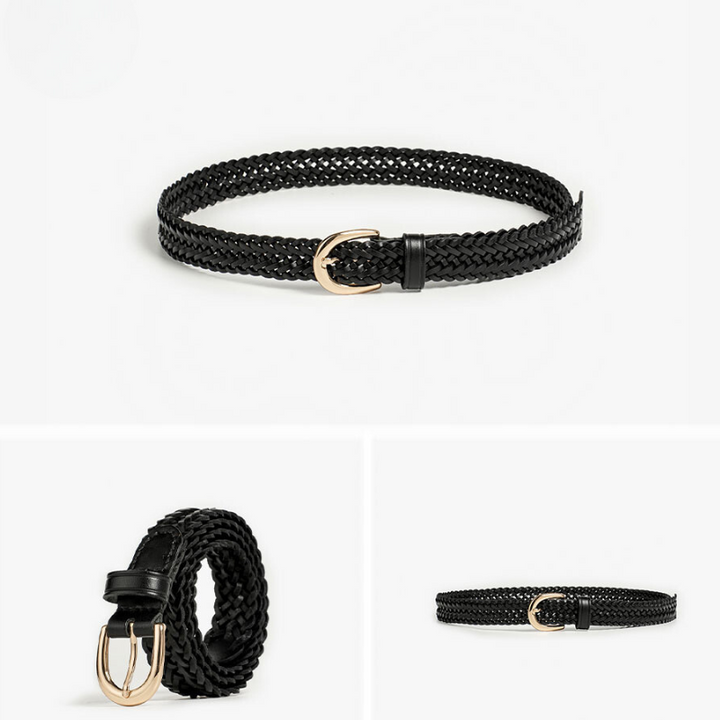 A black woven belt with a gold buckle is shown in three angles: laid flat, coiled, and side view, all against a plain white background.