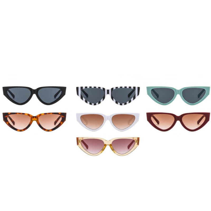 Seven pairs of vintage cat eye sunglasses, featuring bold frames in various colors and patterns, are arranged in three rows on a white background. Each pair offers UV400 protection for stylish and safe sun coverage.