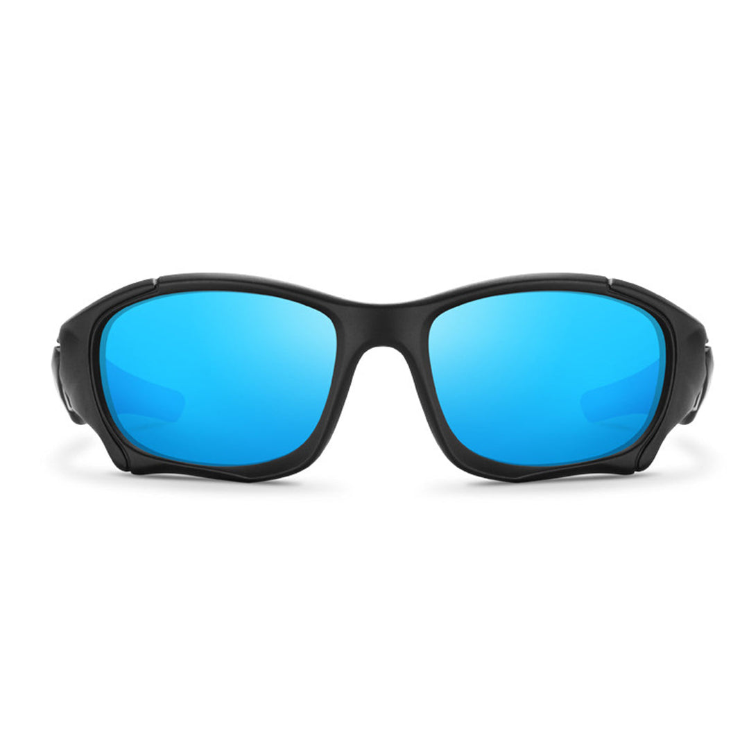 A pair of polarized cycling glasses with a black frame and blue mirrored lenses, shown from the front against a white background.