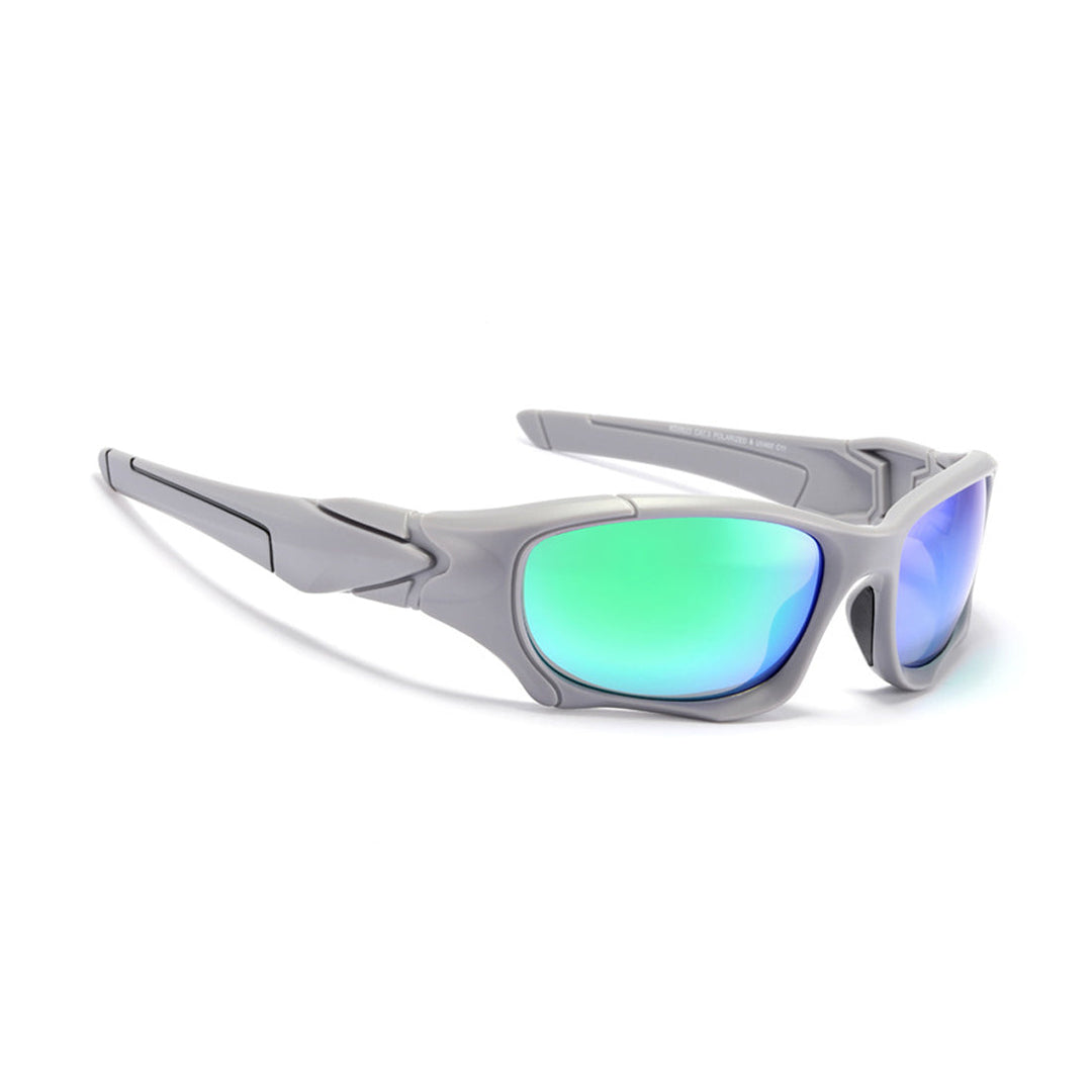 Gray sports sunglasses with thick, angular frames and mirrored green-blue lenses, displayed on a white background—perfect polarized cycling glasses for active pursuits.