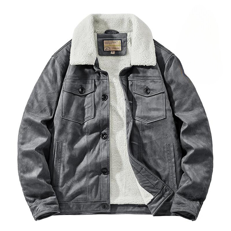 A gray suede jacket with a white, fluffy Sherpa lining and collar, front button closures, and two chest pockets with flaps. The jacket offers a structured fit and is laid flat on a white background.