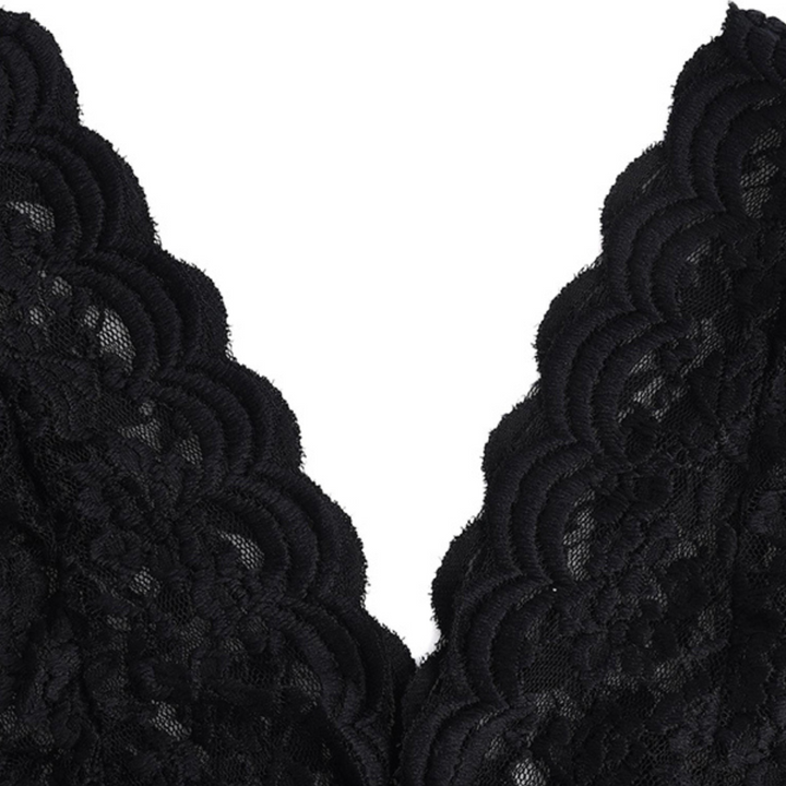 Close-up of black lace fabric with a scalloped edge and intricate floral pattern, forming a deep V-shape in the center—an elegant detail perfect for summer fashion or pairing with your favorite streetwear looks.