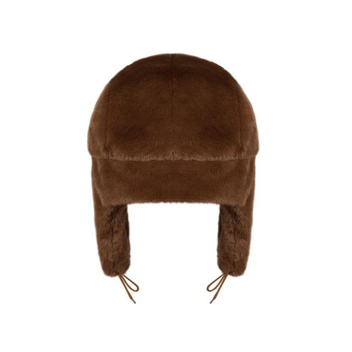 A brown faux fur trapper hat crafted from plush material, featuring adjustable ear flaps and strings—perfect for winter styling. Displayed on a white background.