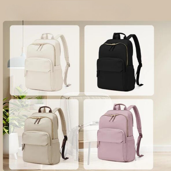 Four lightweight, durable backpacks are displayed in a grid on a light background. Available in cream, black, beige, and mauve, each water-resistant backpack features a front pocket, zipper closures, adjustable straps, and a laptop compartment. A minimalistic room is visible behind.