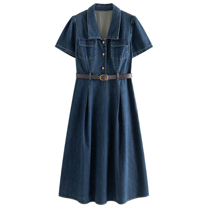A knee-length, short-sleeved denim dress with a wide collar, front buttons, two chest pockets, and a brown belted waist—perfect for chic summer wear or effortless streetwear style.