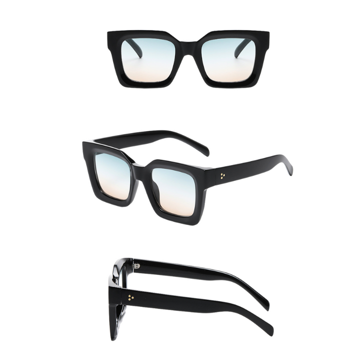 Three views of black, square-framed sunglasses with light blue gradient lenses: front, side, and angled perspectives, highlighting thick acetate frames with small gold accents on the temples and built-in UV protection.