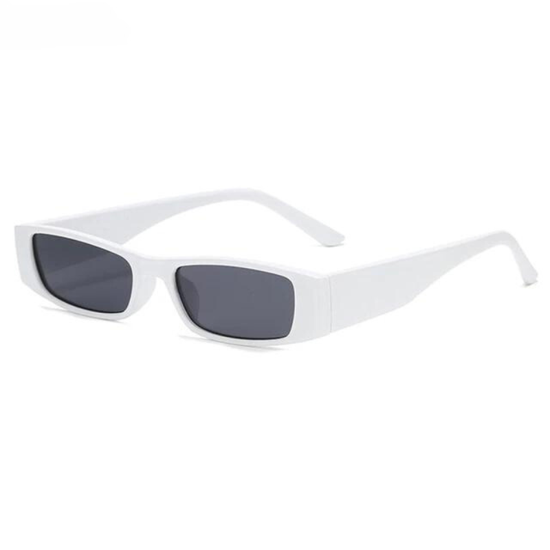 A pair of retro rectangle sunglasses with a lightweight, white frame and dark lenses are shown against a plain white background.