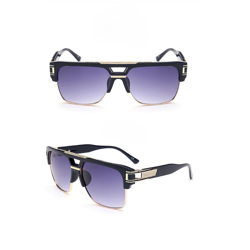 Two views of geometric sunglasses with stylish black frames, gold accents, and gradient purple scratch-resistant lenses offering UV400 protection, shown from the front and at an angle on a plain white background.