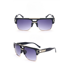 Two views of geometric sunglasses with stylish black frames, gold accents, and gradient purple scratch-resistant lenses offering UV400 protection, shown from the front and at an angle on a plain white background.